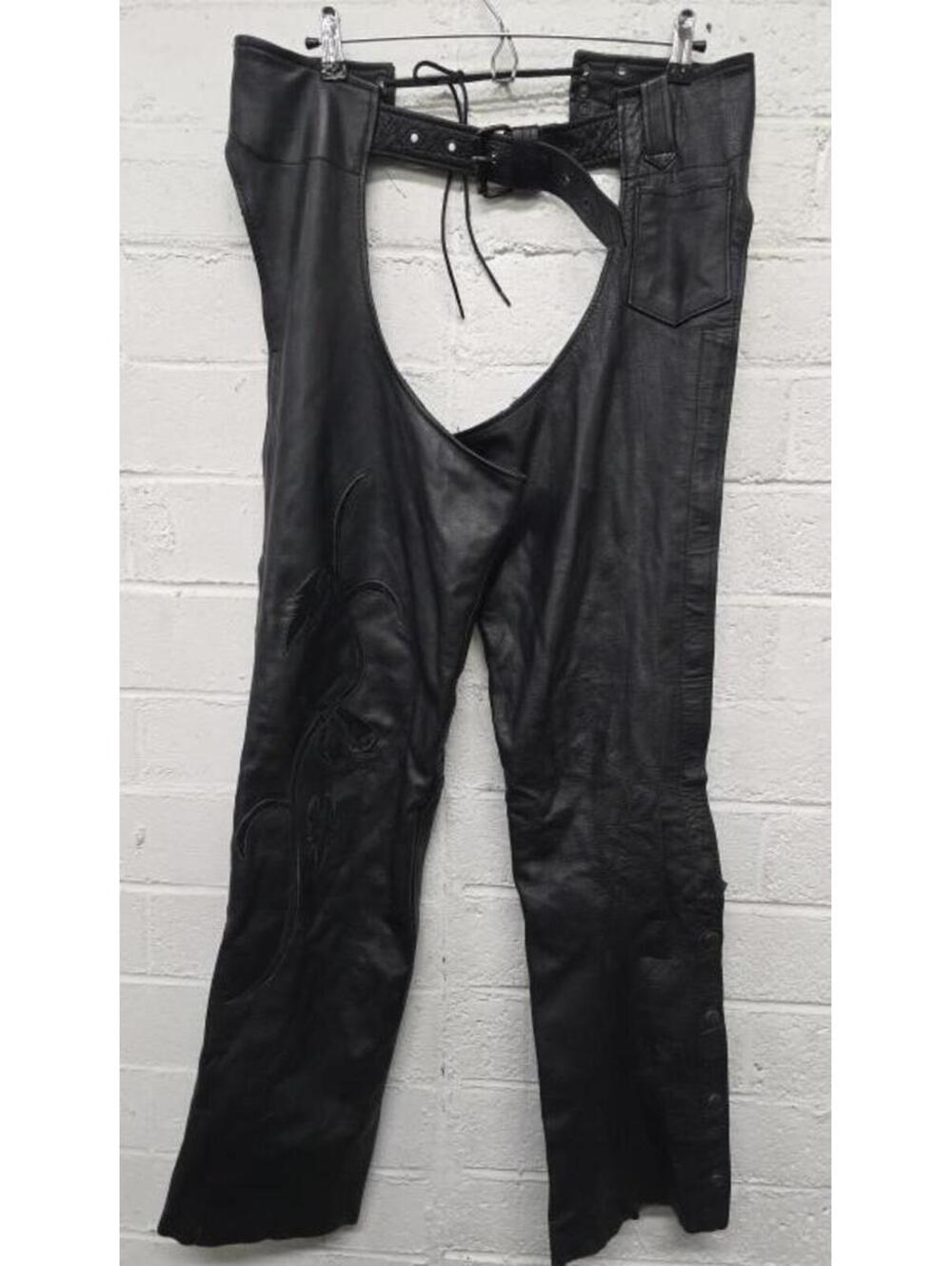 Vintage UNIK Ultra Women's Black Floral Leather Motorcycle Chaps - Size SMALL